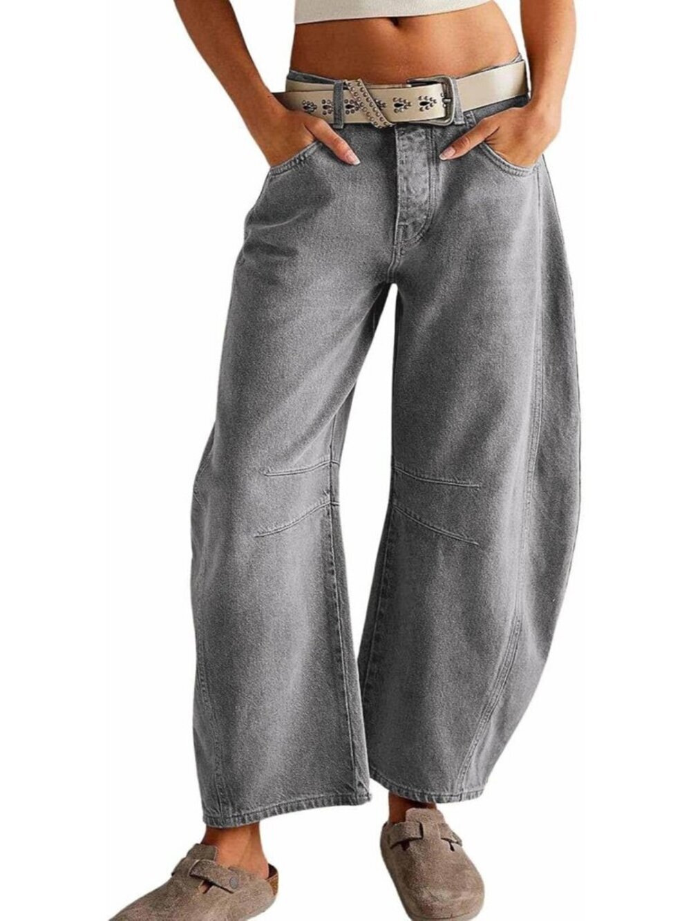 Women's Grey Stretchy Mid Rise Barrel Jeans Vintage Loose Wide Leg Jeans